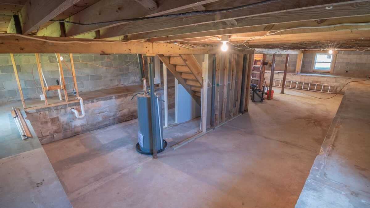 Empty basement with exposed beams and plumbing pipes, ideal for renovation, illustrating aquasure signature elite review