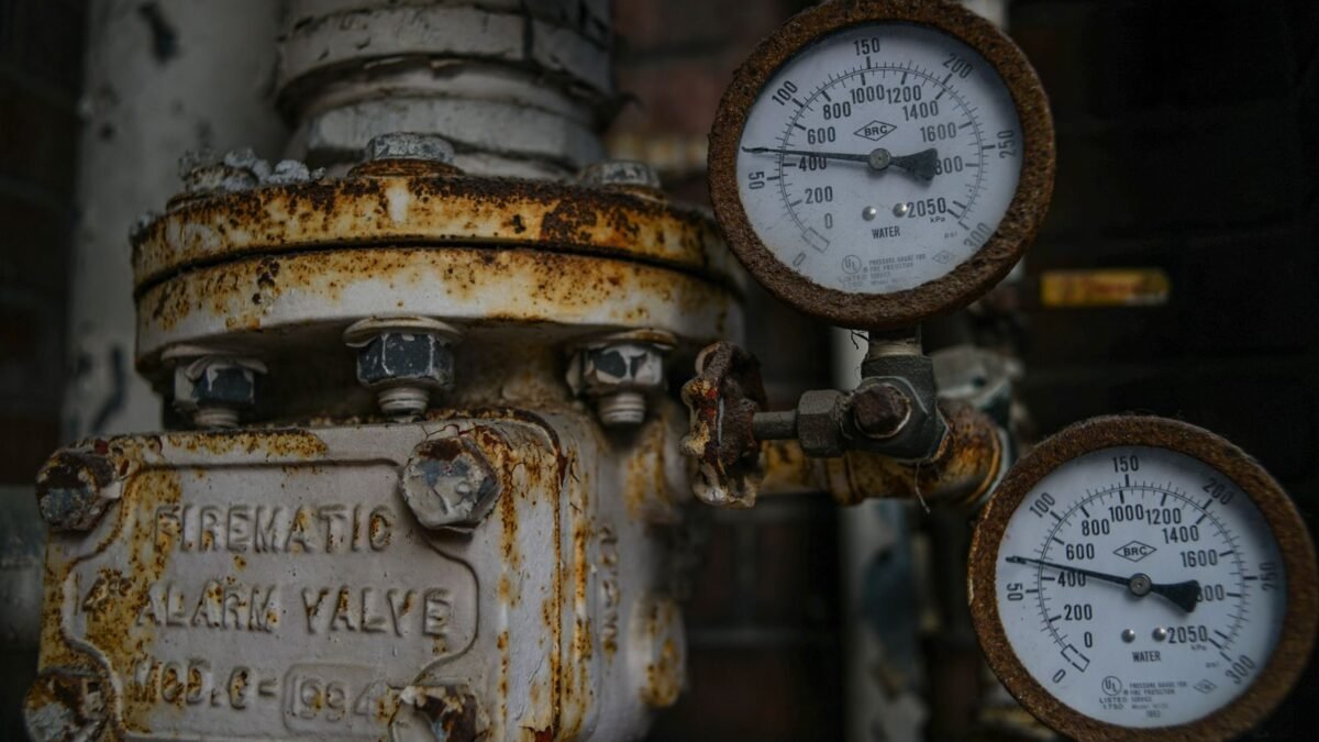Close-up of an aged and rusted pressure valve with gauges showing readings, illustrating best acid neutralizer filter