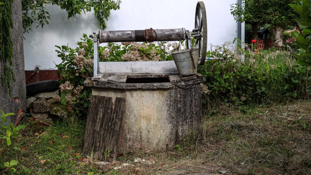 A charming old stone well with a metal bucket set amidst lush garden greenery, illustrating best arsenic filter for well water
