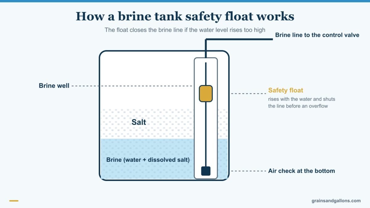 Cutaway diagram of a brine tank showing the brine well, safety float and shutoff, for the best brine tank safety float