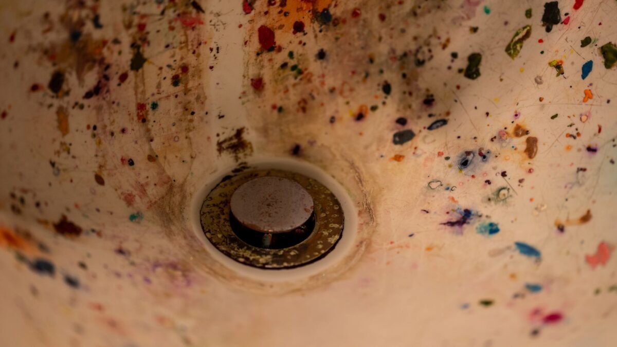Abstract view of a paint-splattered sink capturing artistic chaos and creativity, illustrating best manganese filter