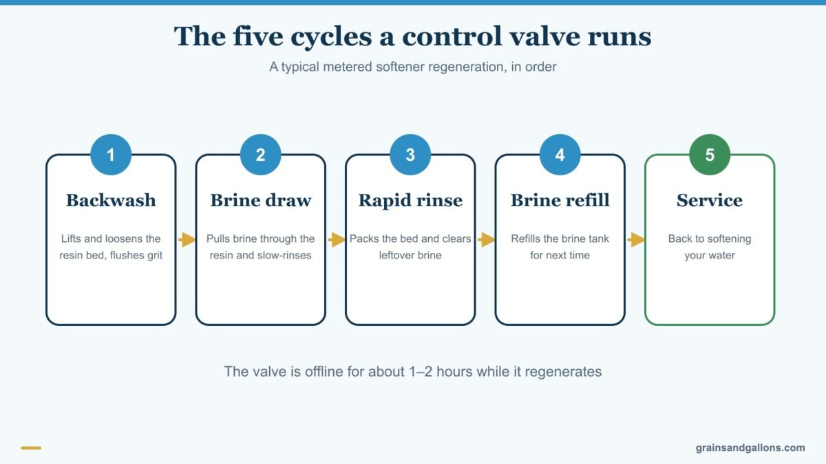 Diagram of the five regeneration cycles a water softener control valve runs, for the best replacement water softener control valve