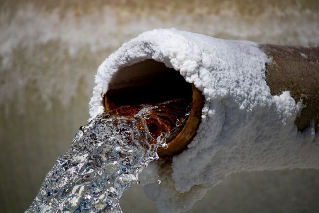 Pipe outlet crusted with white mineral scale, a sign that hardness rather than chlorine is the issue