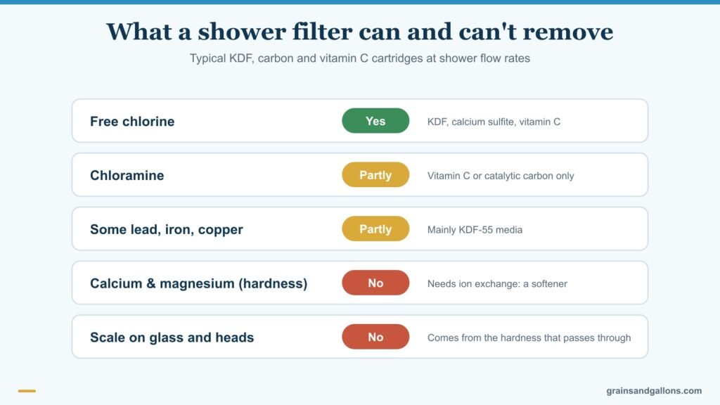 Chart of what the best shower filter for hard water removes, chlorine and some metals, versus calcium and magnesium it cannot remove