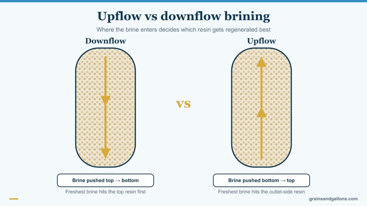 Diagram comparing upflow and downflow brining in a water softener resin tank, for the best upflow water softener