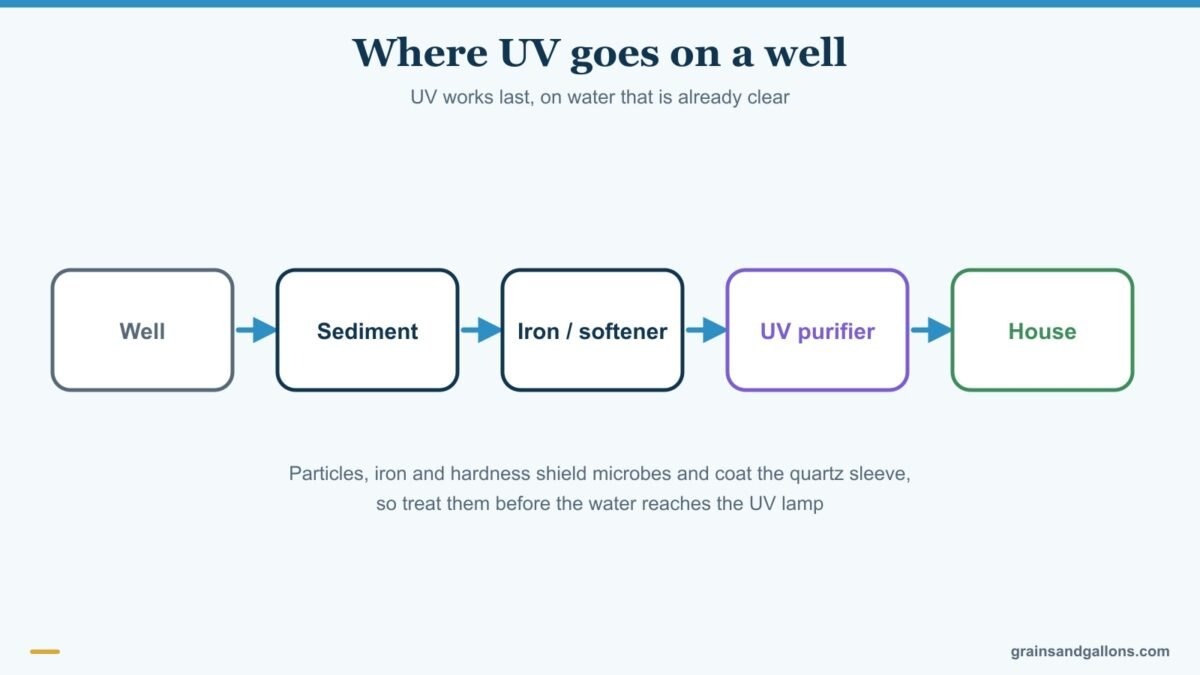 Diagram of the correct well water treatment order with sediment filter, softener and UV purifier, for the best uv water purifier for well water
