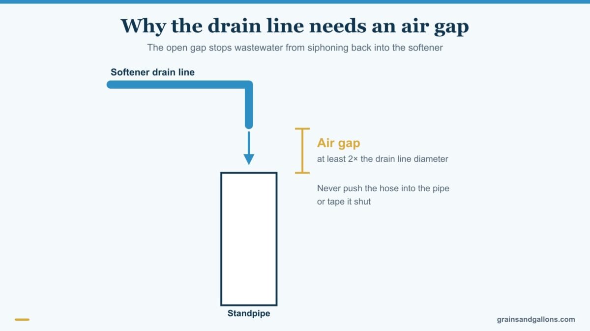 Diagram of a water softener drain line air gap above a standpipe, for the best water softener drain line saddle and air gap