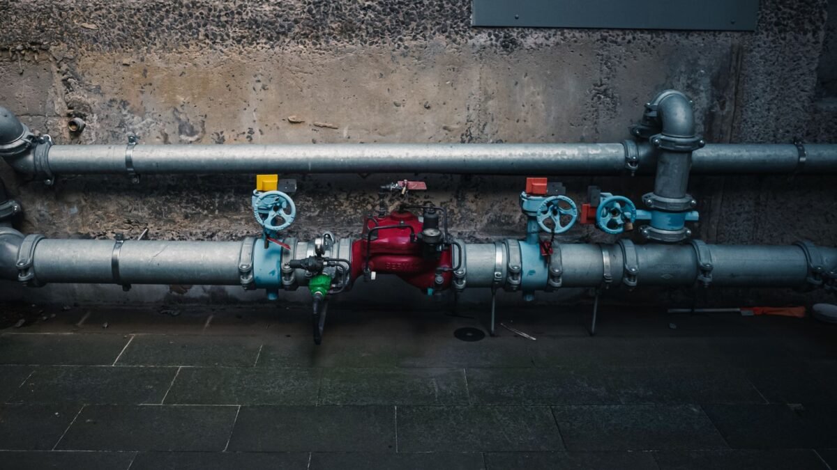 A detailed view of industrial pipes with colorful valves on a textured wall, illustrating best whole house water filter for lead