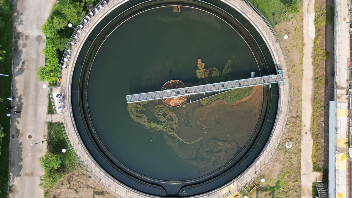 Circular water treatment structure in Langfang, China from above, showcasing its design, illustrating hellenbrand water softener review