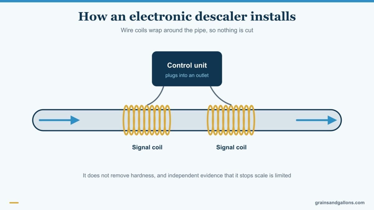 Diagram of an electronic water descaler like the iSpring ED2000 with signal coils wrapped around a pipe, for the ispring ed2000 review