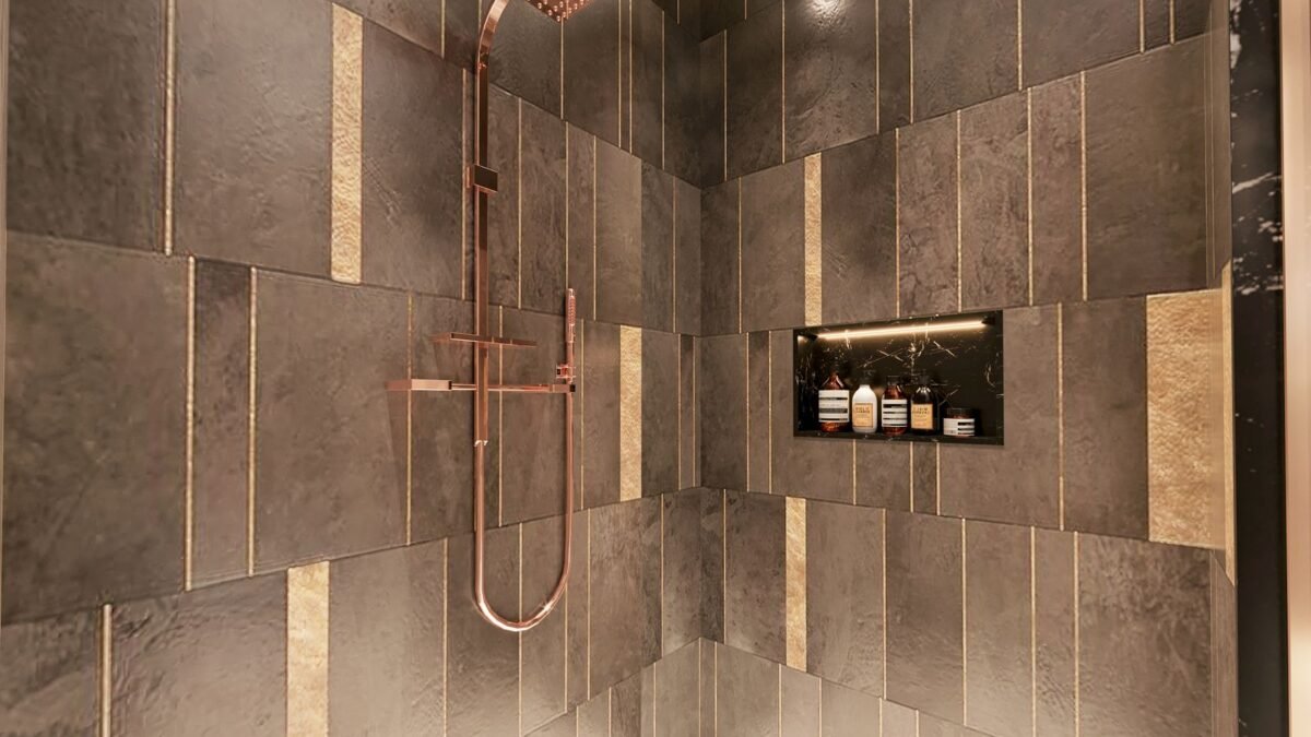 Luxurious modern shower with dark textured tiles and copper fixtures for a sophisticated bathro, illustrating jolie shower head review