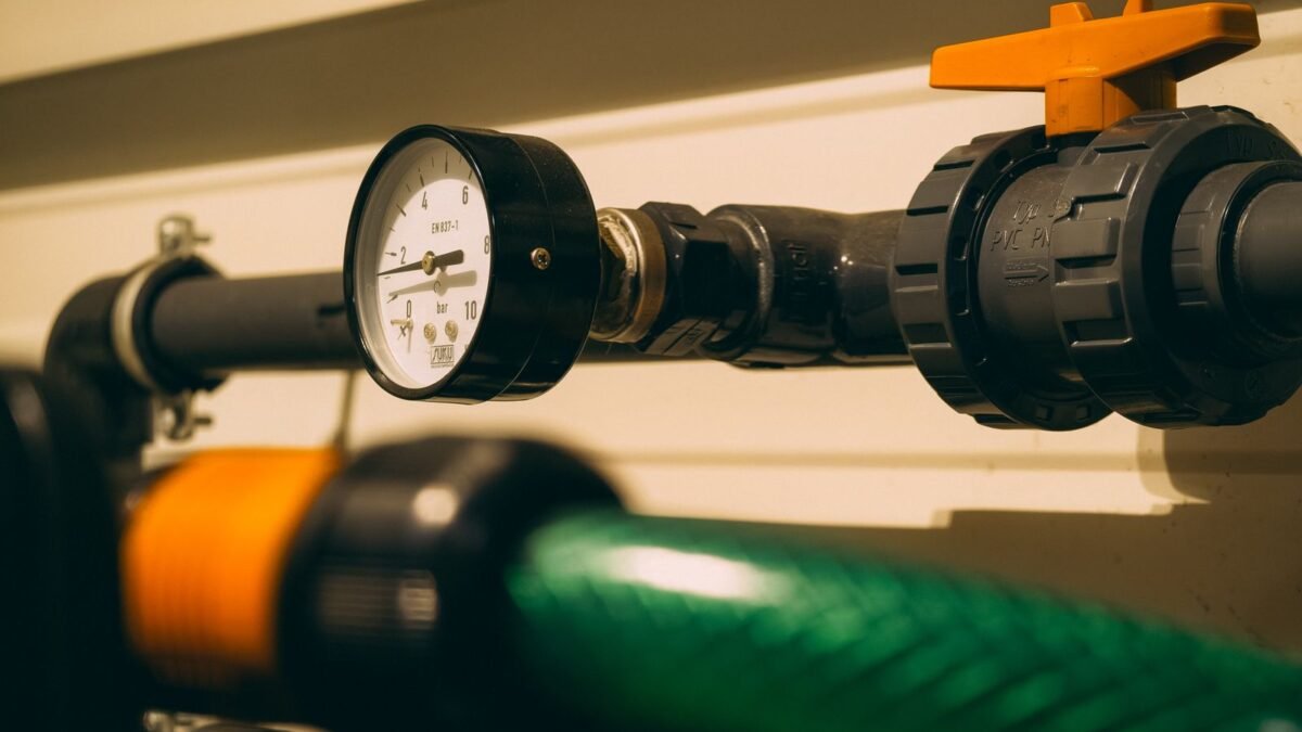 Close-up view of an industrial pressure gauge attached to piping. Ideal for engineering or indu, illustrating us water systems matrixx review