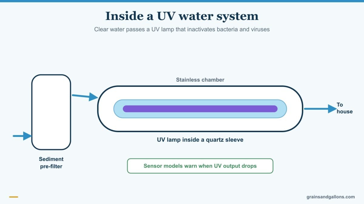 Diagram of a VIQUA style UV water disinfection system with sediment filter, quartz sleeve and UV lamp, for the viqua uv system review
