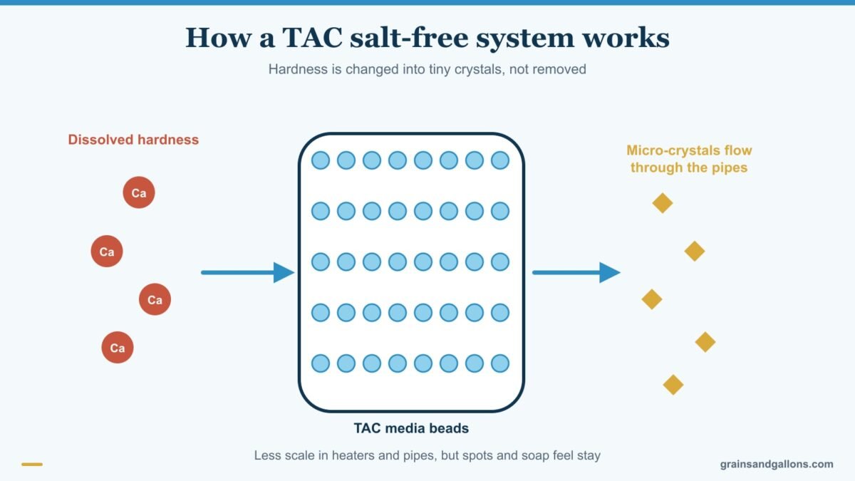 Diagram of how template assisted crystallization in a salt-free system like the Watts OneFlow prevents scale, for the watts oneflow review
