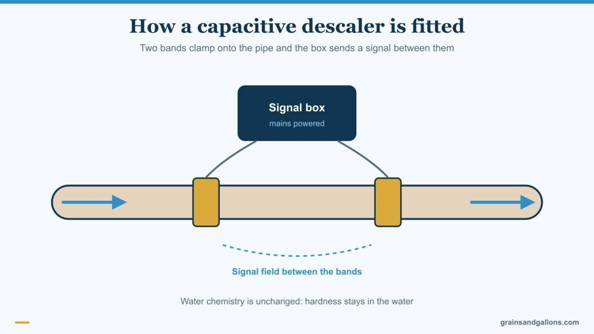 Diagram of a capacitive water descaler like the YARNA clamped onto a pipe with two bands, for the yarna water descaler review